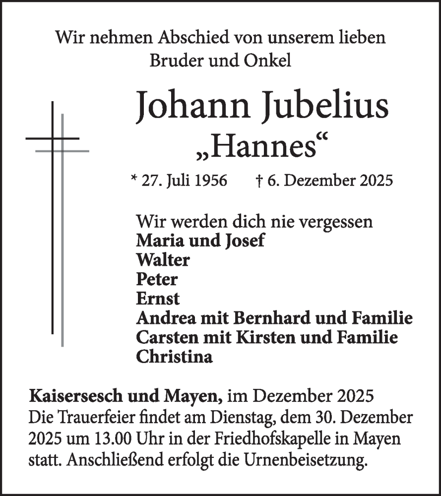  Traueranzeige für Johann Jubelius vom 24.12.2025 aus WochenSpiegel