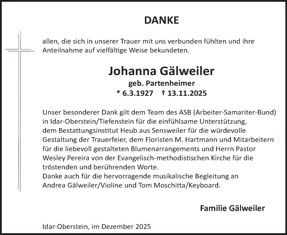  Traueranzeige für Johanna Gälweiler vom 20.12.2025 aus WochenSpiegel