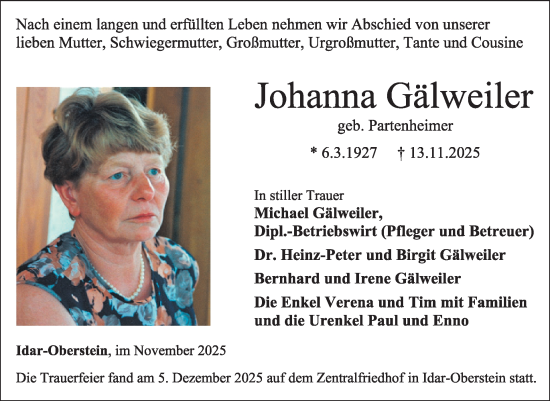 Traueranzeige von Johanna Gälweiler von WochenSpiegel