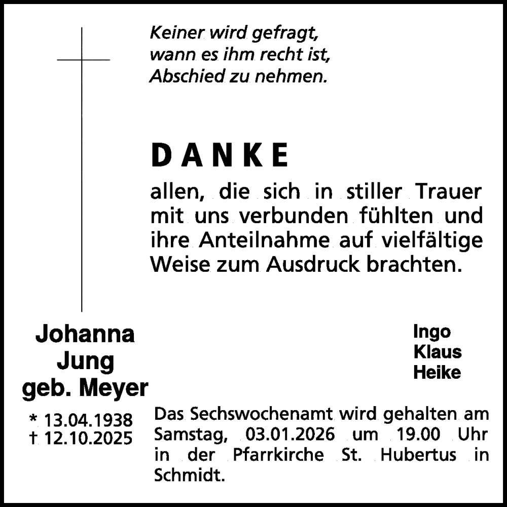  Traueranzeige für Johanna Jung vom 17.12.2025 aus WochenSpiegel