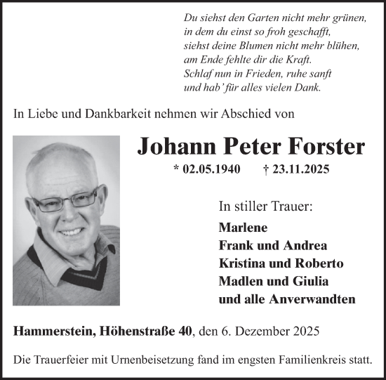 Traueranzeige von Johann Peter Forster von WochenSpiegel