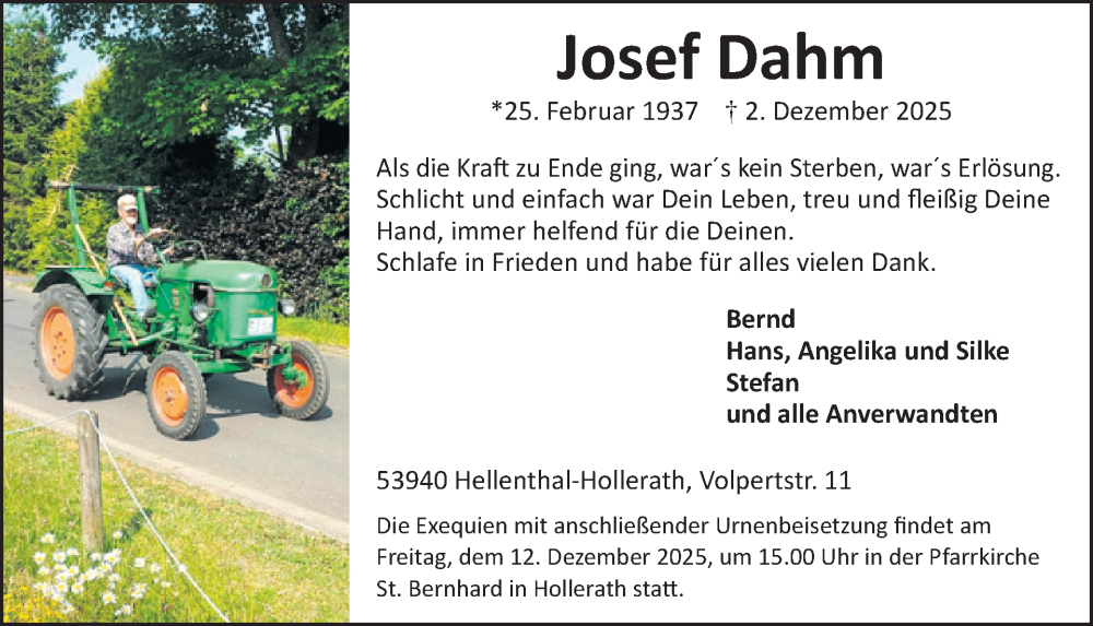  Traueranzeige für Josef Dahm vom 10.12.2025 aus WochenSpiegel