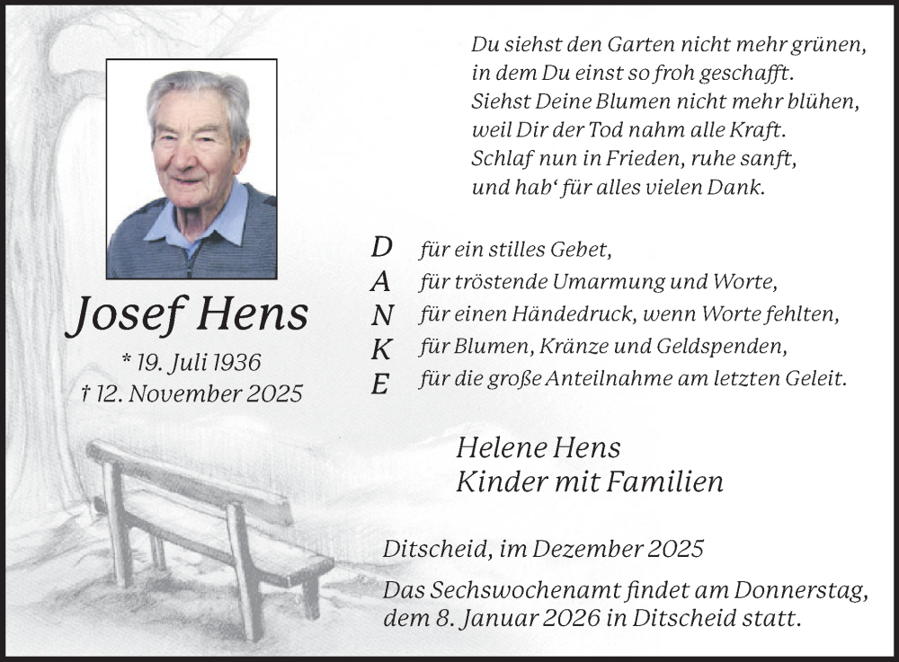  Traueranzeige für Josef Hens vom 27.12.2025 aus WochenSpiegel