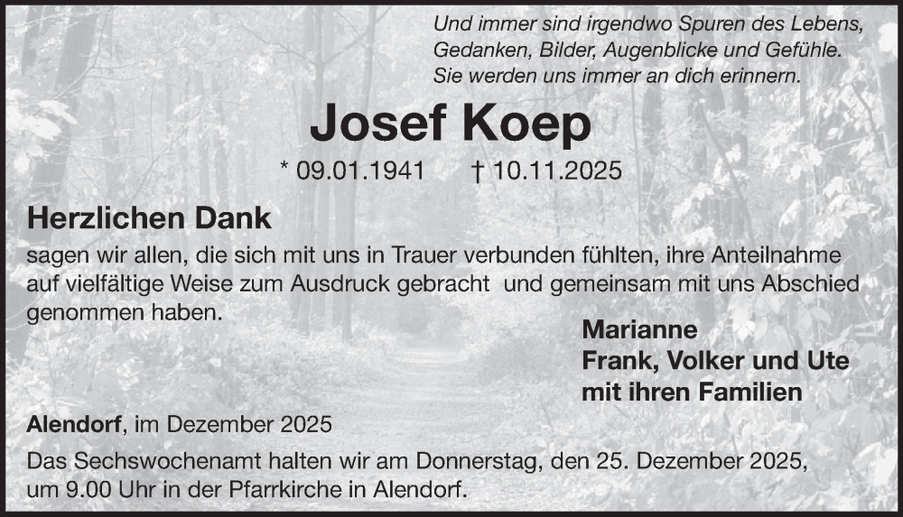  Traueranzeige für Josef Koep vom 20.12.2025 aus WochenSpiegel