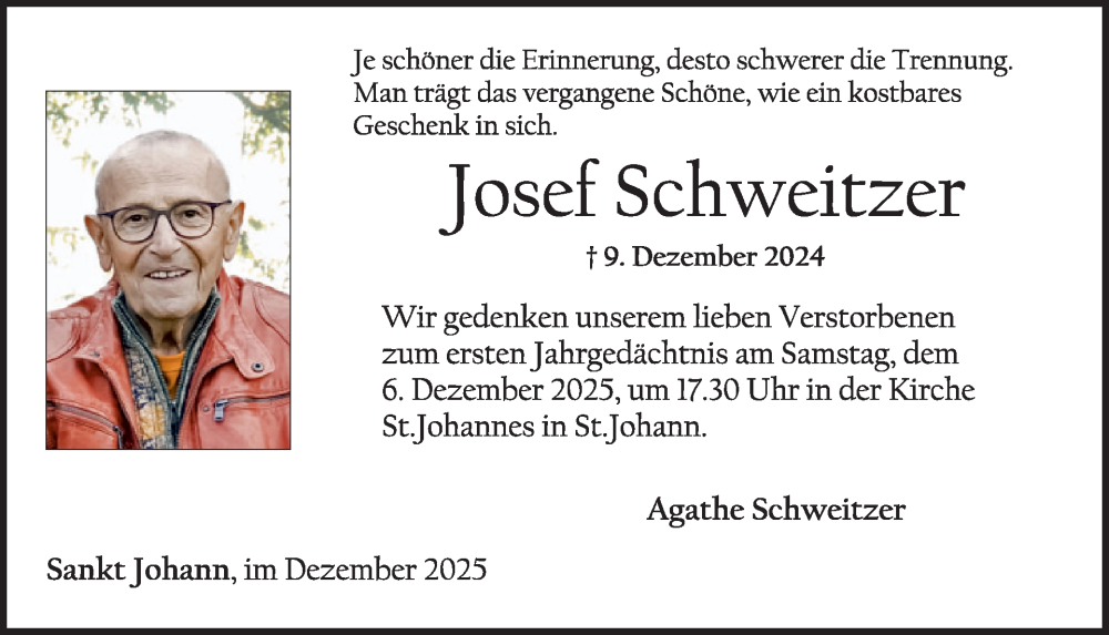  Traueranzeige für Josef Schweitzer vom 03.12.2025 aus WochenSpiegel