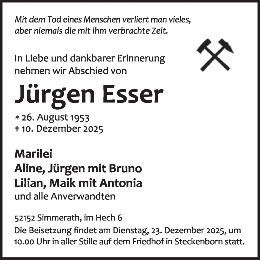  Traueranzeige für Jürgen Esser vom 17.12.2025 aus WochenSpiegel