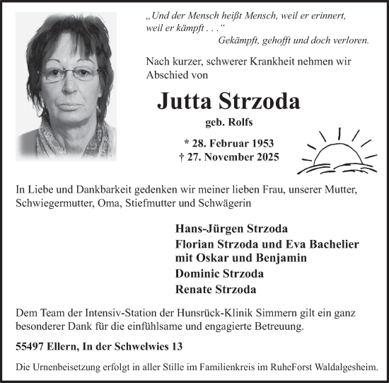 Traueranzeige von Jutta Strzoda von WochenSpiegel