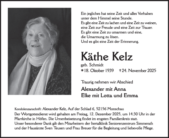 Traueranzeige von Käthe Kelz von WochenSpiegel