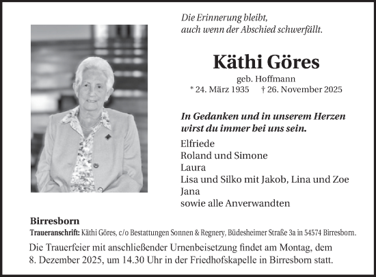 Traueranzeige von Käthi Göres von WochenSpiegel