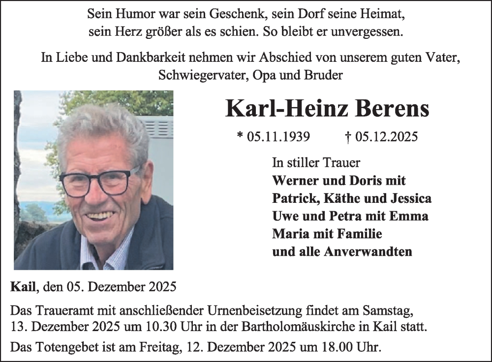  Traueranzeige für Karl-Heinz Berens vom 10.12.2025 aus WochenSpiegel