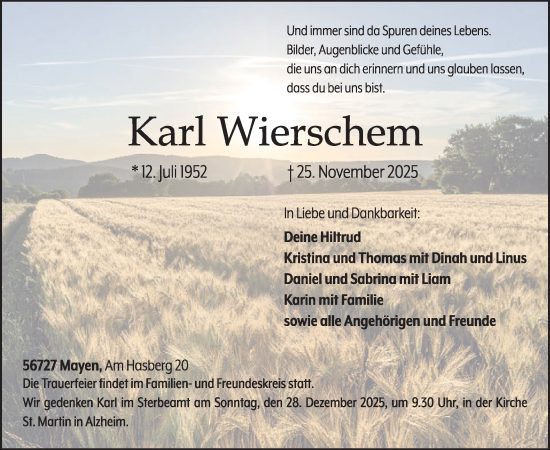Traueranzeige von Karl Wierschem von WochenSpiegel