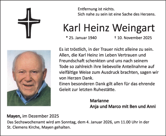 Traueranzeige von Karl Heinz Weingart von WochenSpiegel