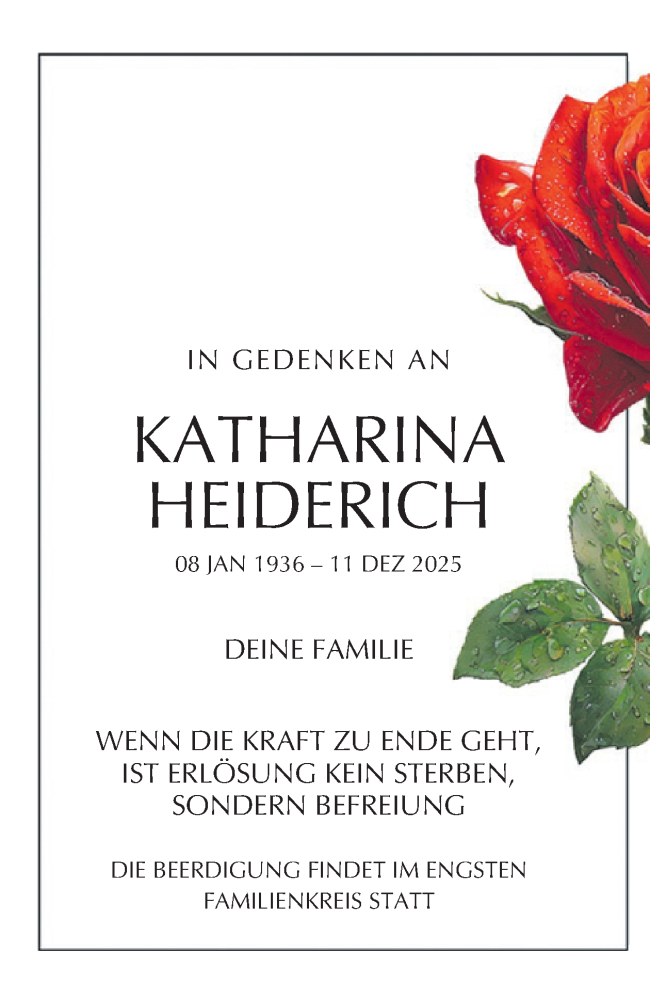  Traueranzeige für Katharina Heiderich vom 20.12.2025 aus WochenSpiegel