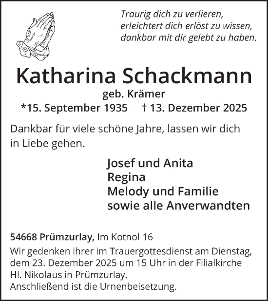 Traueranzeige von Katharina Schackmann von WochenSpiegel
