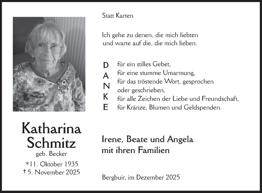  Traueranzeige für Katharina Schmitz vom 10.12.2025 aus WochenSpiegel