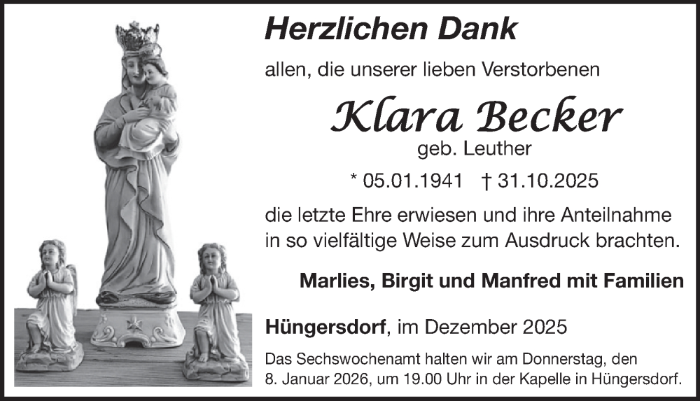  Traueranzeige für Klara Becker vom 31.12.2025 aus WochenSpiegel