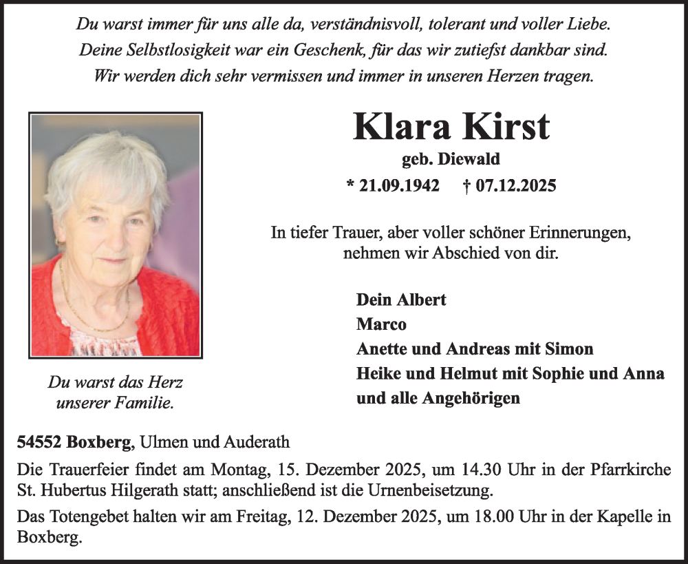  Traueranzeige für Klara Kirst vom 13.12.2025 aus WochenSpiegel