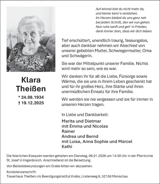 Traueranzeige von Klara Theißen von WochenSpiegel
