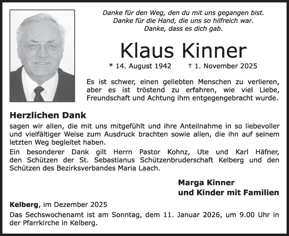  Traueranzeige für Klaus Kinner vom 13.12.2025 aus WochenSpiegel