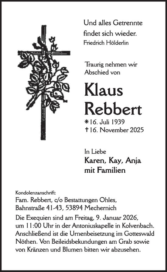 Traueranzeige von Klaus Rebbert von WochenSpiegel