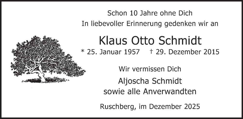  Traueranzeige für Klaus Otto Schmidt vom 27.12.2025 aus WochenSpiegel