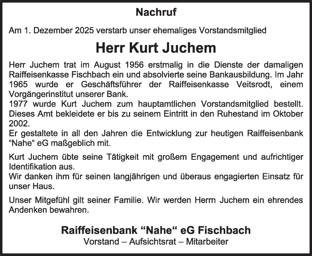  Traueranzeige für Kurt Juchem vom 20.12.2025 aus WochenSpiegel