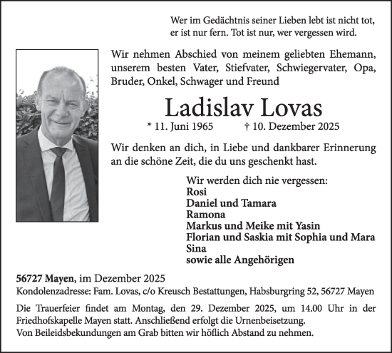 Traueranzeige von Ladislav Lovas von WochenSpiegel
