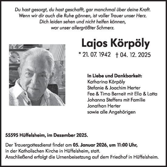 Traueranzeige von Lajos Körpöly von WochenSpiegel
