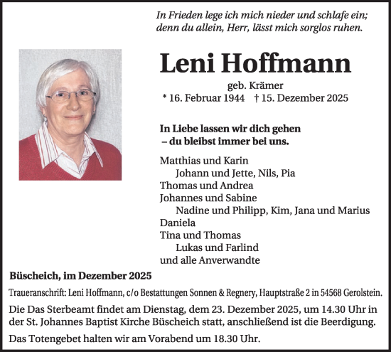 Traueranzeige von Leni Hoffmann von WochenSpiegel