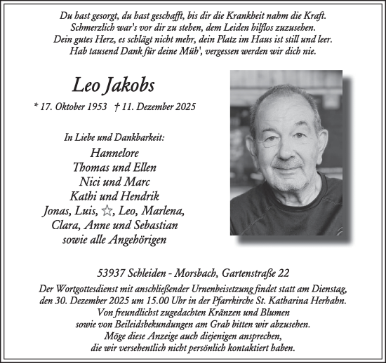 Traueranzeige von Leo Jakobs von WochenSpiegel