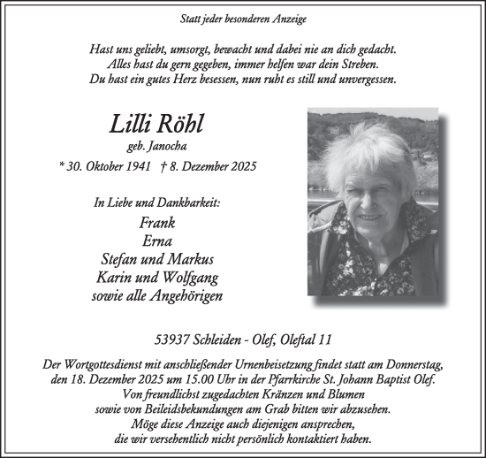 Traueranzeige von Lilli Röhl von WochenSpiegel