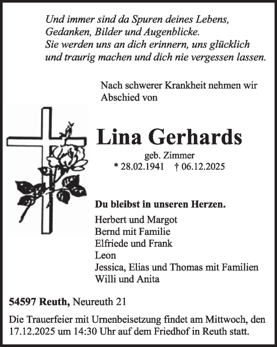 Traueranzeige von Lina Gerhards von WochenSpiegel