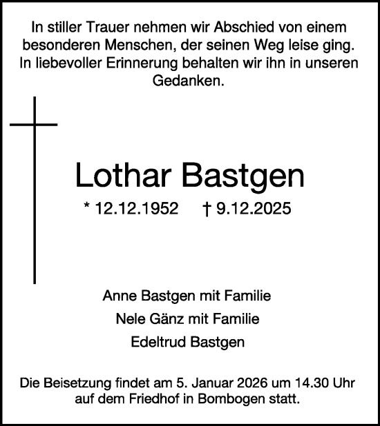 Traueranzeige von Lothar Bastgen von WochenSpiegel