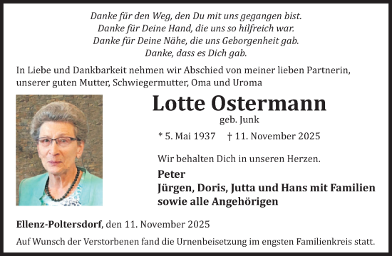 Traueranzeige von Lotte Ostermann von WochenSpiegel