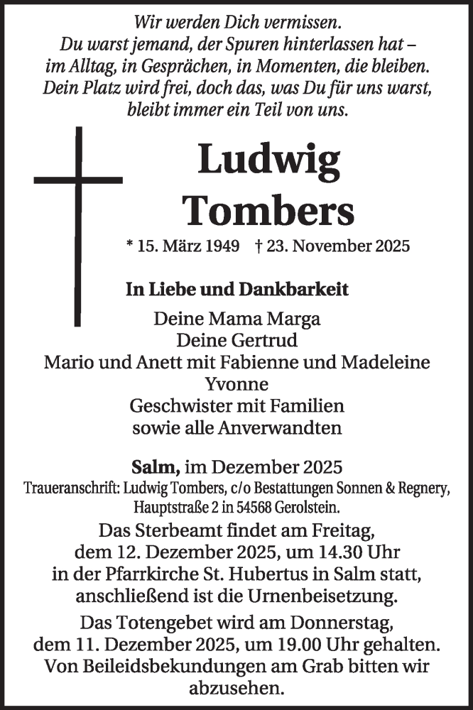  Traueranzeige für Ludwig Tombers vom 06.12.2025 aus WochenSpiegel