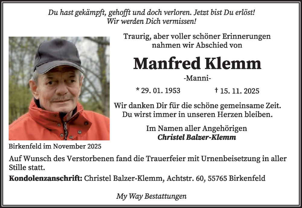  Traueranzeige für Manfred Klemm vom 06.12.2025 aus WochenSpiegel