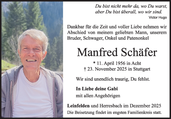 Traueranzeige von Manfred Schäfer von WochenSpiegel