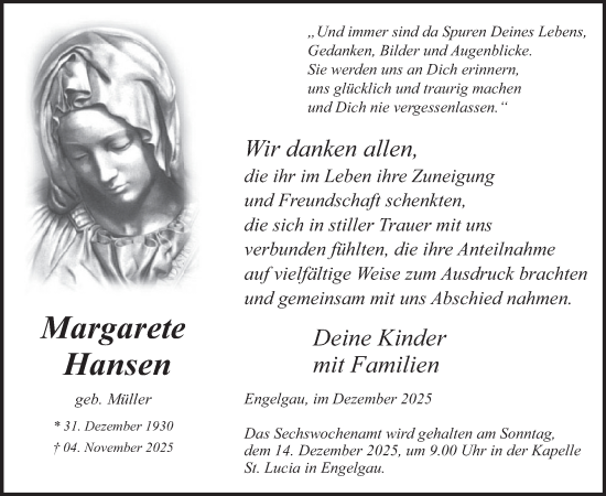 Traueranzeige von Margarete Hansen von WochenSpiegel