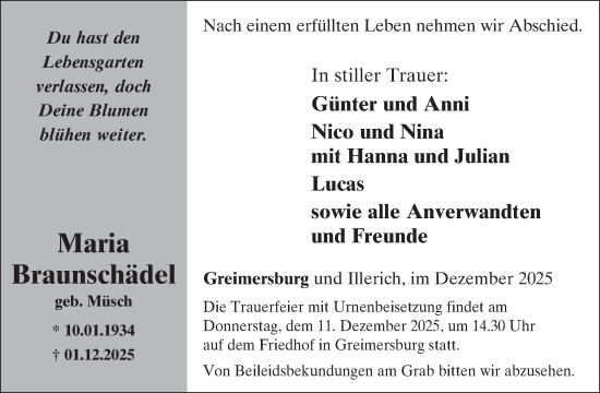 Traueranzeige von Maria Braunschädel von WochenSpiegel