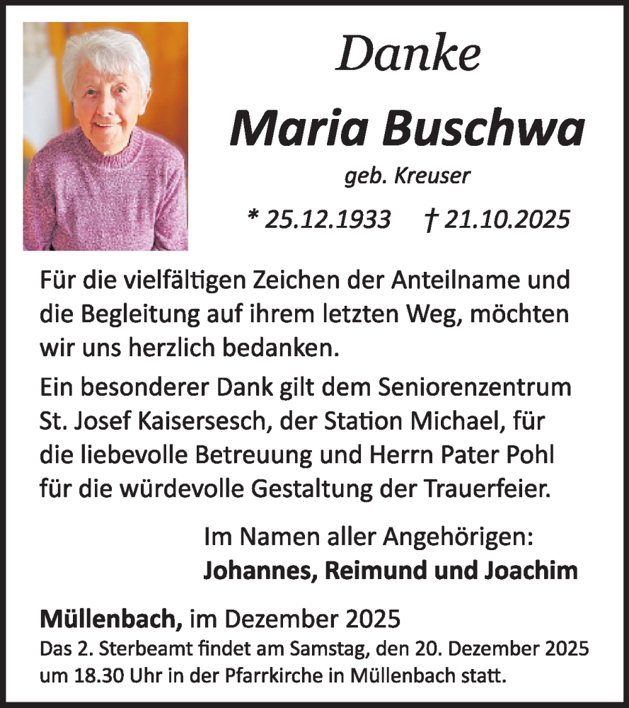  Traueranzeige für Maria Buschwa vom 03.12.2025 aus WochenSpiegel