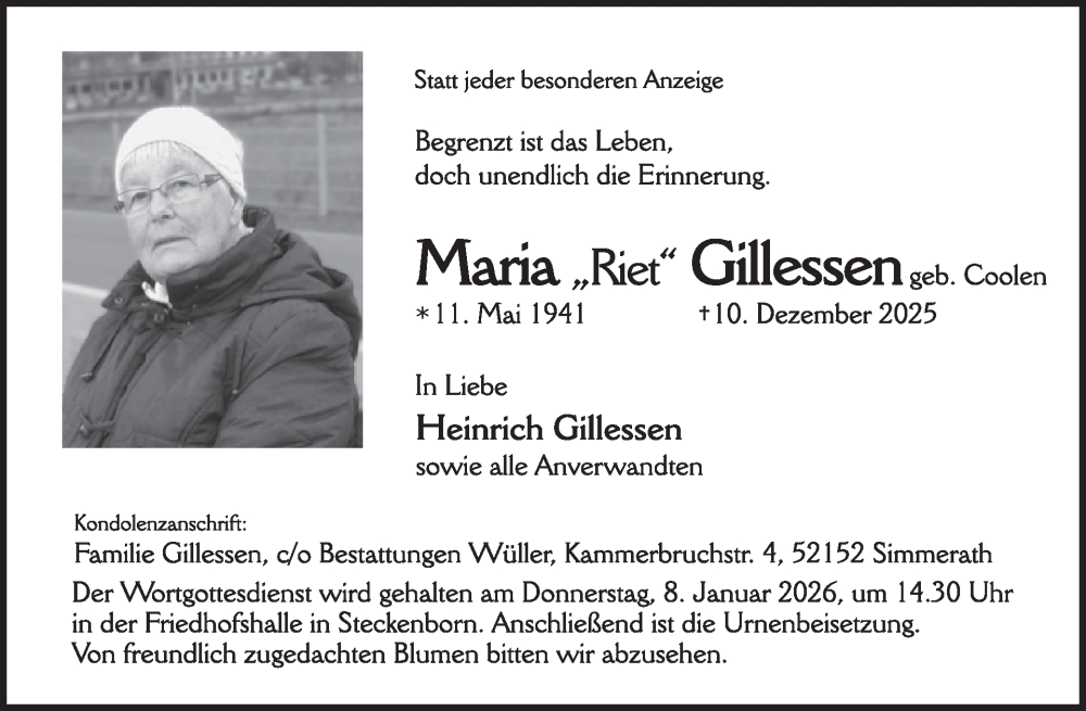  Traueranzeige für Maria Gillessen vom 31.12.2025 aus WochenSpiegel