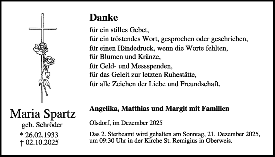 Traueranzeige von Maria Spartz von WochenSpiegel