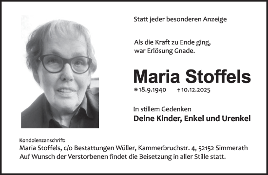 Traueranzeige von Maria Stoffels von WochenSpiegel