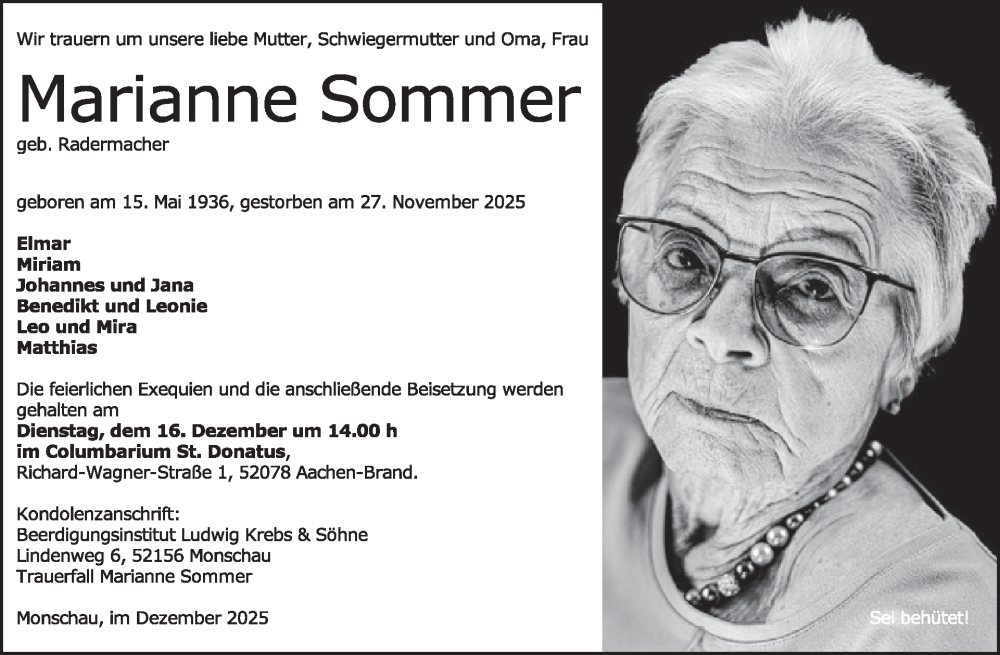  Traueranzeige für Marianne Sommer vom 10.12.2025 aus WochenSpiegel