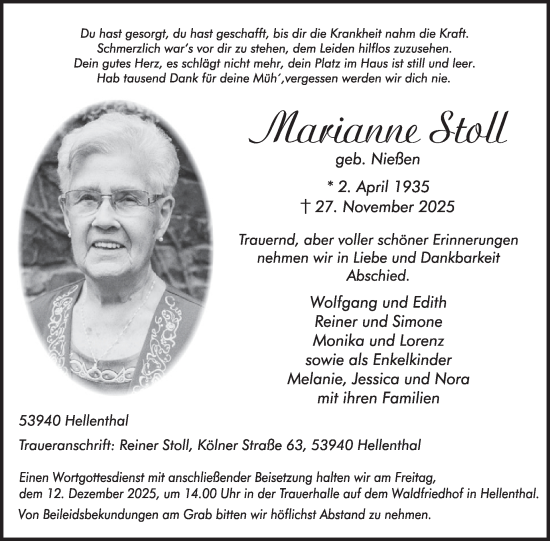 Traueranzeige von Marianne Stoll von WochenSpiegel