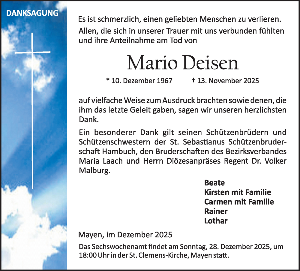  Traueranzeige für Mario Deisen vom 24.12.2025 aus WochenSpiegel
