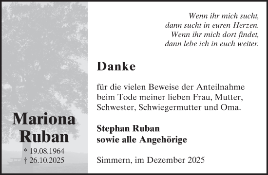 Traueranzeige von Mariona Ruban von WochenSpiegel