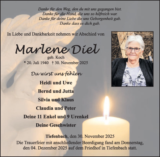 Traueranzeige von Marlene Diel von WochenSpiegel