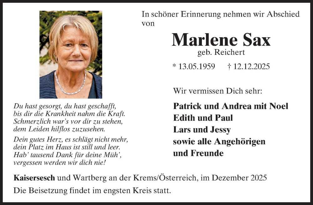  Traueranzeige für Marlene Sax vom 17.12.2025 aus WochenSpiegel