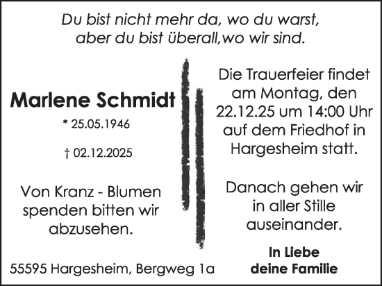 Traueranzeige von Marlene Schmidt von WochenSpiegel